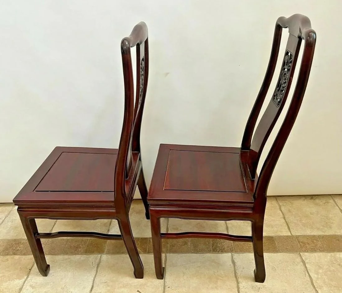 1960s Vintage Side Chairs Asian Theme Dragon Carved Back Solid Mahogany - a Pair - 8