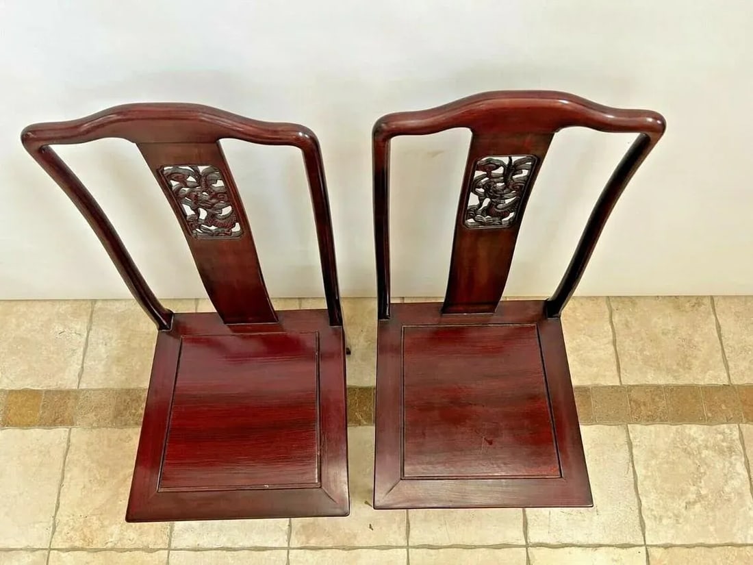 1960s Vintage Side Chairs Asian Theme Dragon Carved Back Solid Mahogany - a Pair - 9