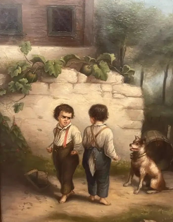 19th Century French Painting 'Backyard Fight', Unsigned - 6