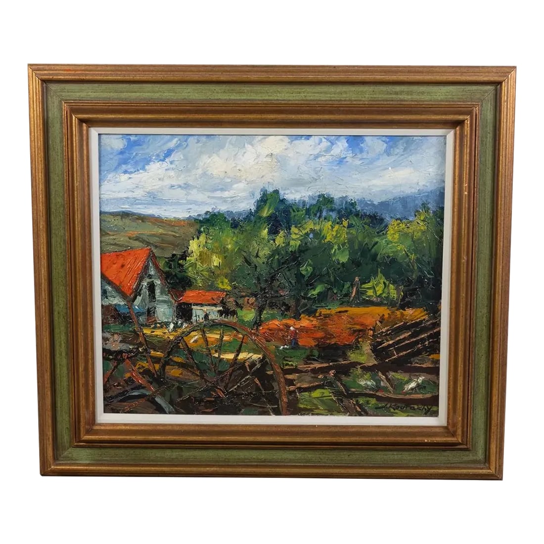 Mid 20th Century Original Pastoral Oil Painting by J. KoutachyGold Colored Frame: Original Pastoral Oil Painting by J. Koutachy in Gold Colored Frame Condition: Alterations: Original Condition Unaltered Imperfections: Some Imperfections Condition Notes: Overall great vintage