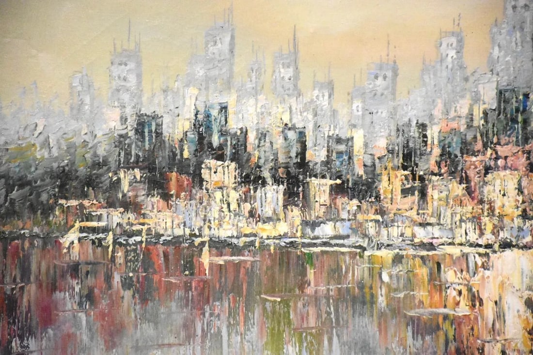 Abstract Waterfront Skyline Signed Painting - 2