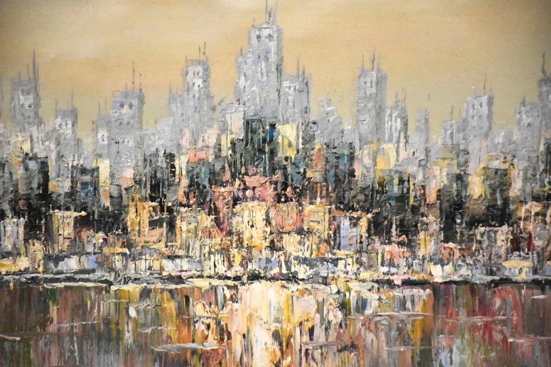 Abstract Waterfront Skyline Signed Painting - 3