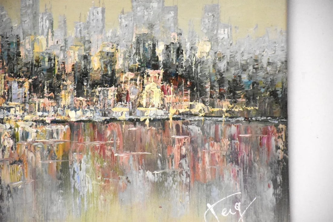 Abstract Waterfront Skyline Signed Painting - 4