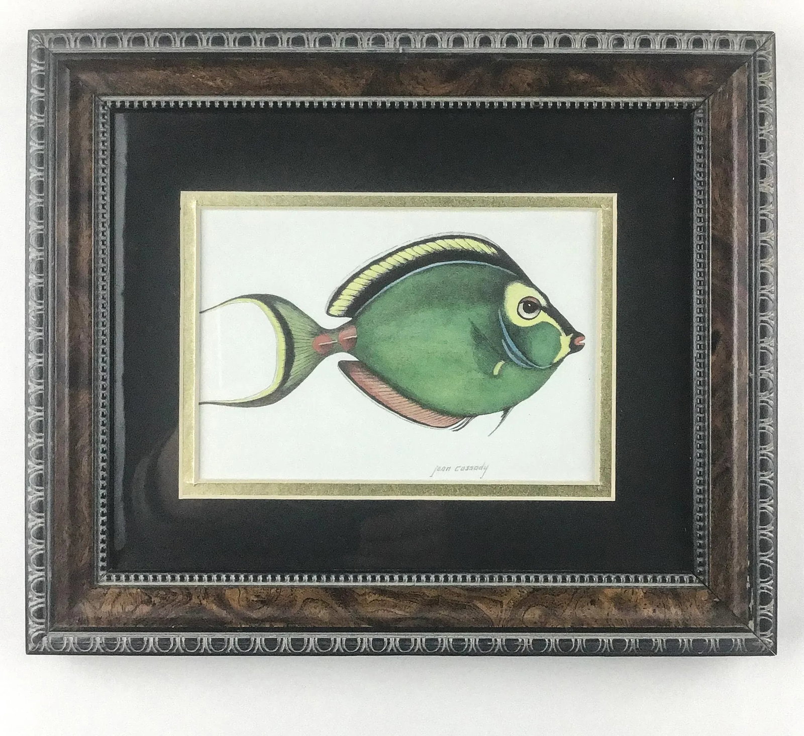 Burl-Wood Framed Pair of Tropical Fish Prints by Jean Cassady - 2