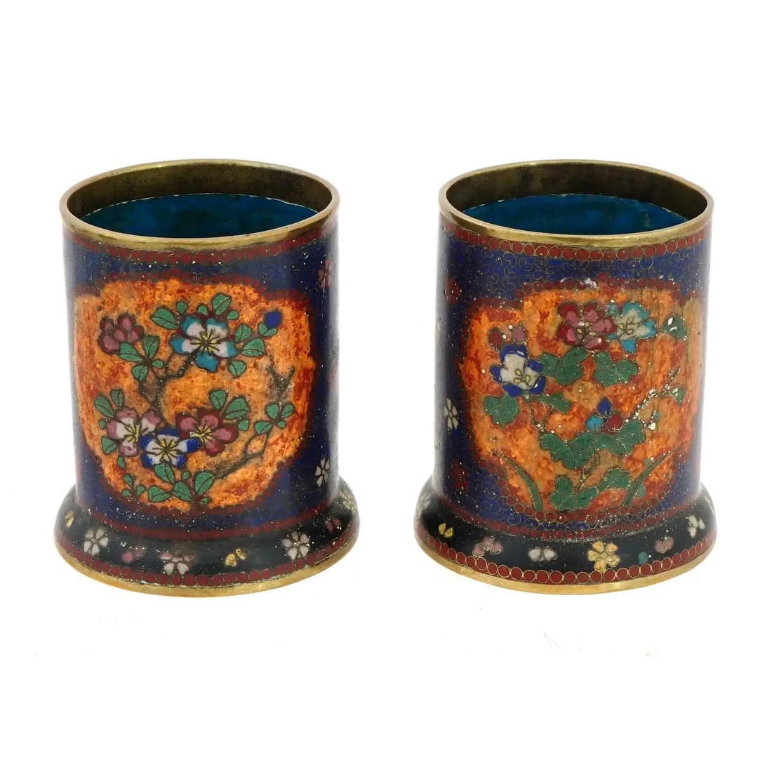 Pair of Antique Early Meiji Japanese Cloisonne Enamel Brush Pots in the Style of Namikawa - 2