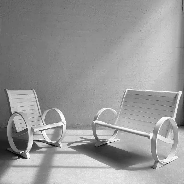 Mid-Century Painted Wood Outdoor Bench & Lounge Chair, 2 Pieces - 2