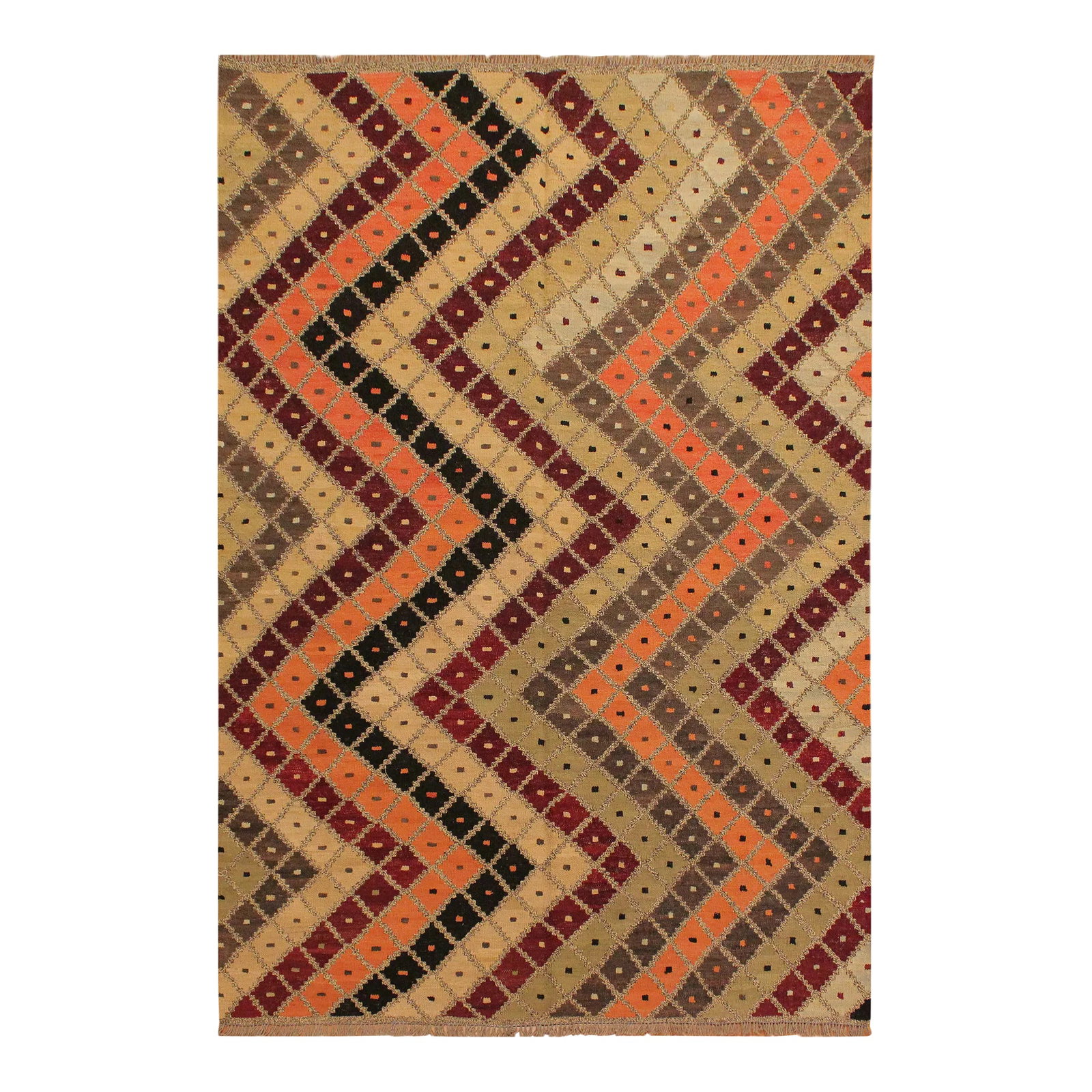 1990s Bohemian Kilim Tan Beige Wool Rug - 5'5" X 6'10": Add a touch of elegance to your home with this casual chic hand woven Tribal Kilim wool rug. Constructed on a loom by Nomad Turkman people with hand-spun wool and 100% Natural Vegetable dyes these