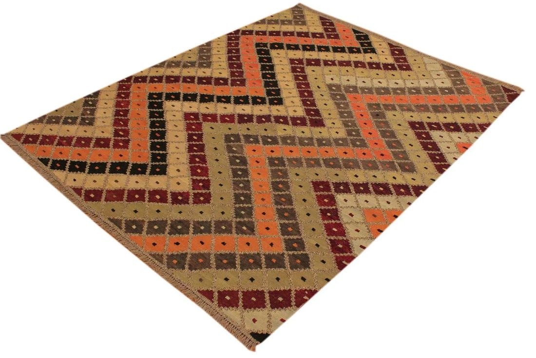 1990s Bohemian Kilim Tan Beige Wool Rug - 5'5" X 6'10" - 2