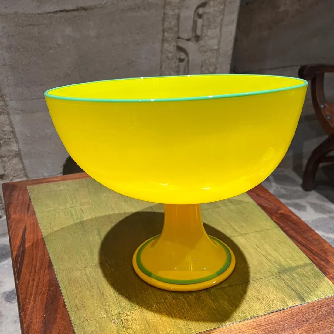 Czech Art Tango Glass Pedestal Bowl Yellow & Green - 10