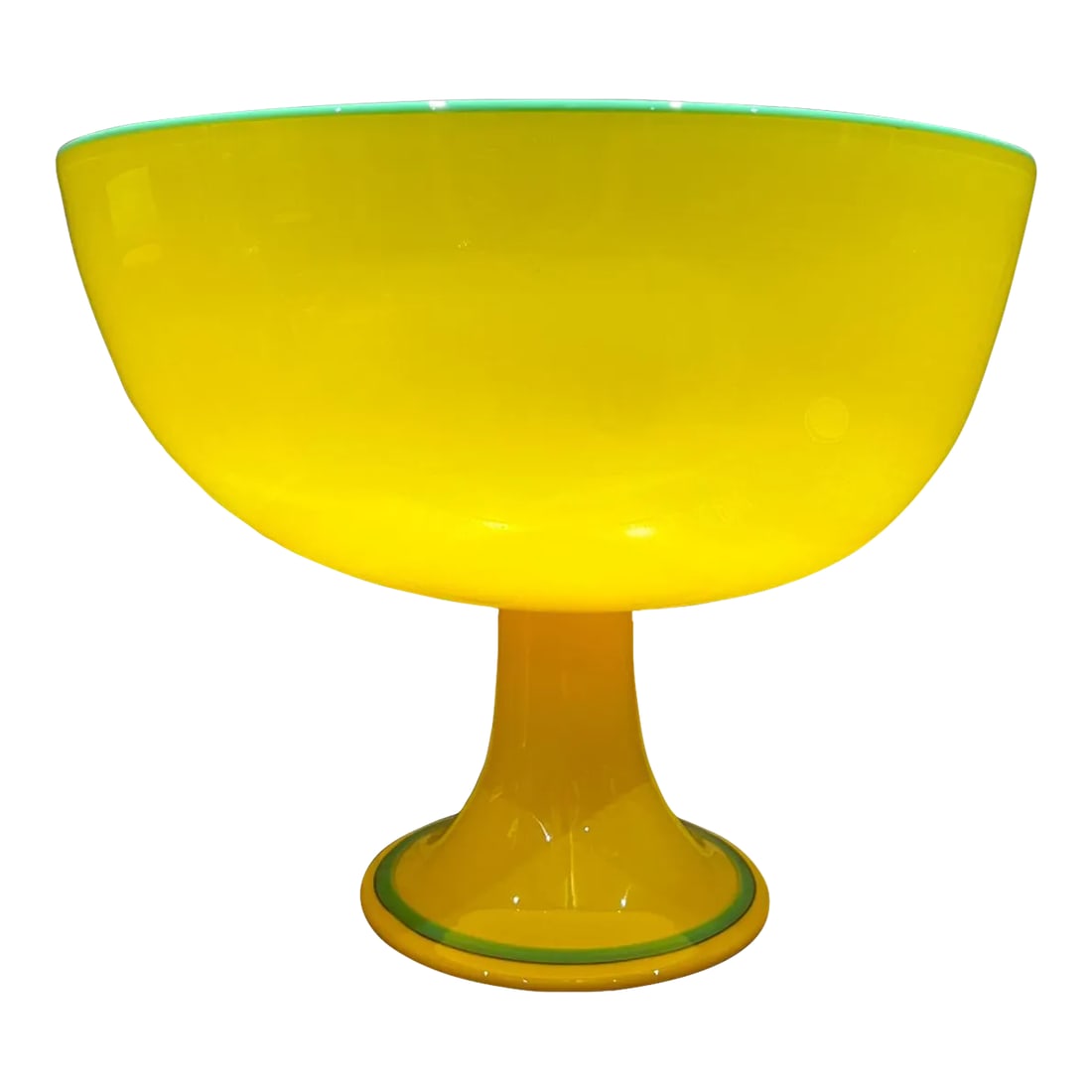 Czech Art Tango Glass Pedestal Bowl Yellow & Green: AMBIANIC presents Modern Czech Art Tango Glass Yellow & Green Pedestal Bowl in the style of Michael Powolny Bohemian Loetz Glass Unmarked. Oversize 11.38 h x 13.75 diameter Preowned original vintage