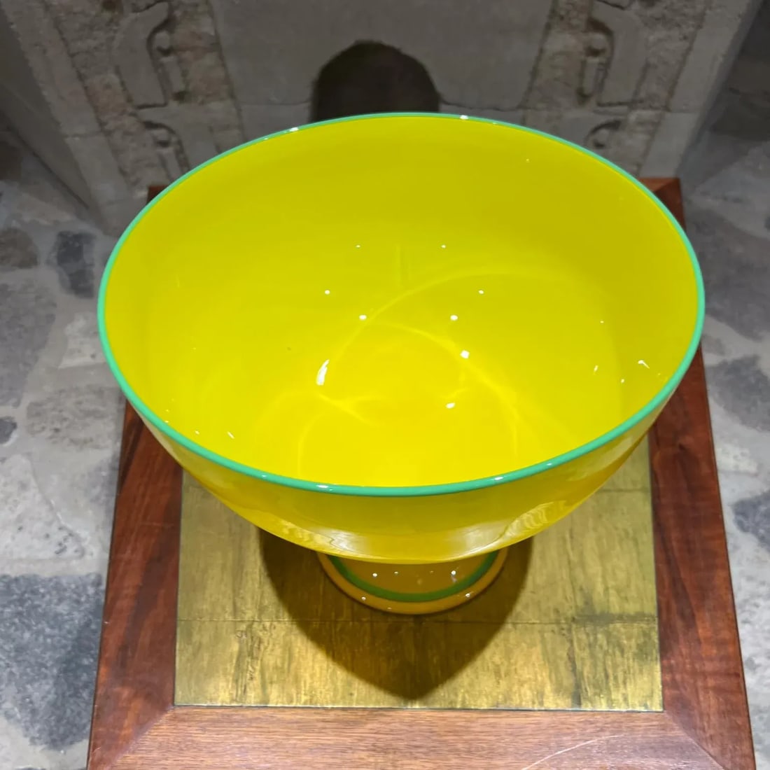 Czech Art Tango Glass Pedestal Bowl Yellow & Green - 2