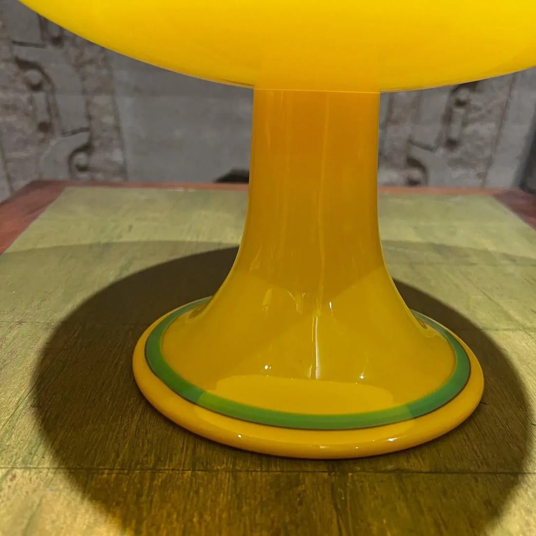 Czech Art Tango Glass Pedestal Bowl Yellow & Green - 4