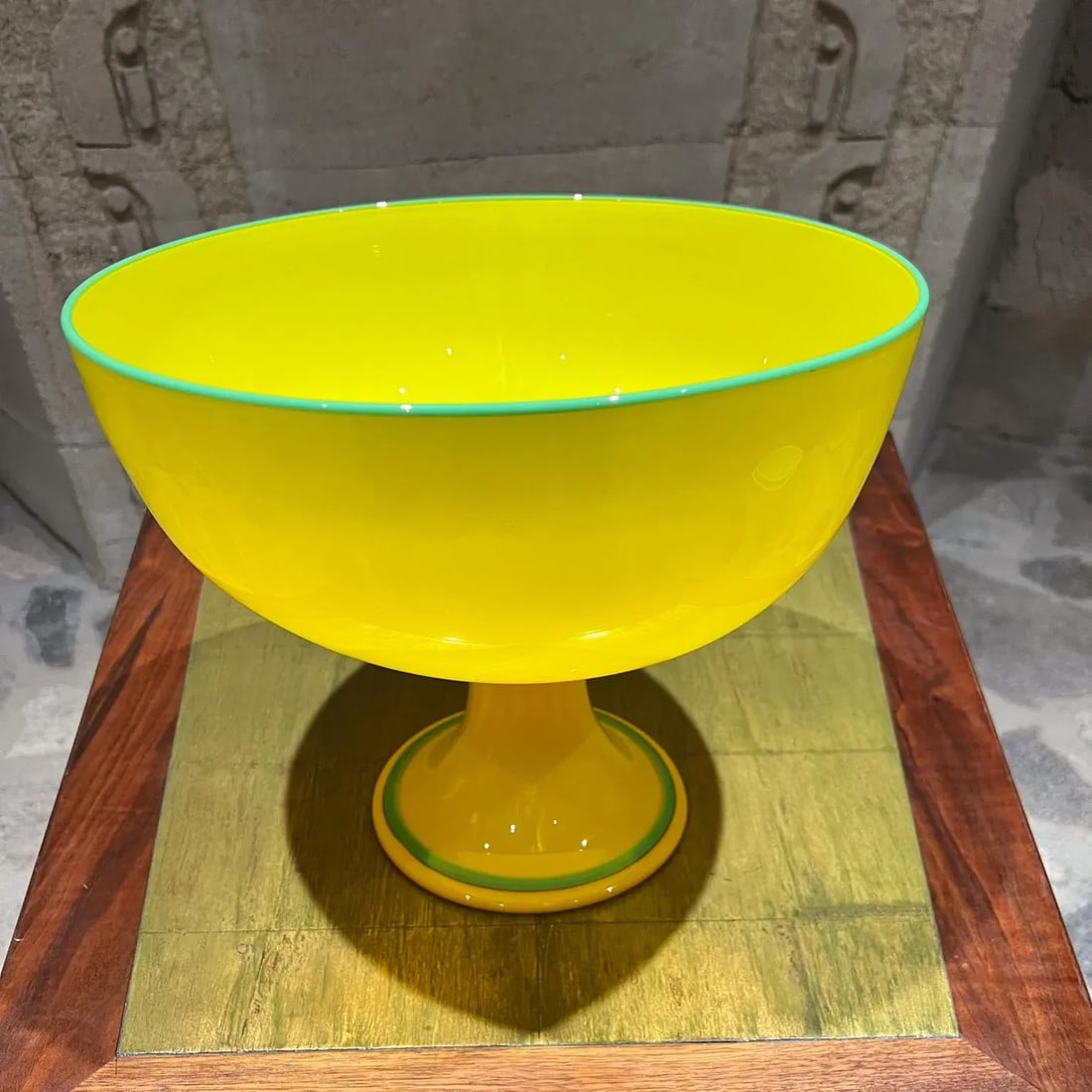 Czech Art Tango Glass Pedestal Bowl Yellow & Green - 5