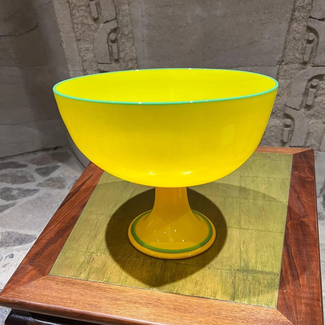 Czech Art Tango Glass Pedestal Bowl Yellow & Green - 6