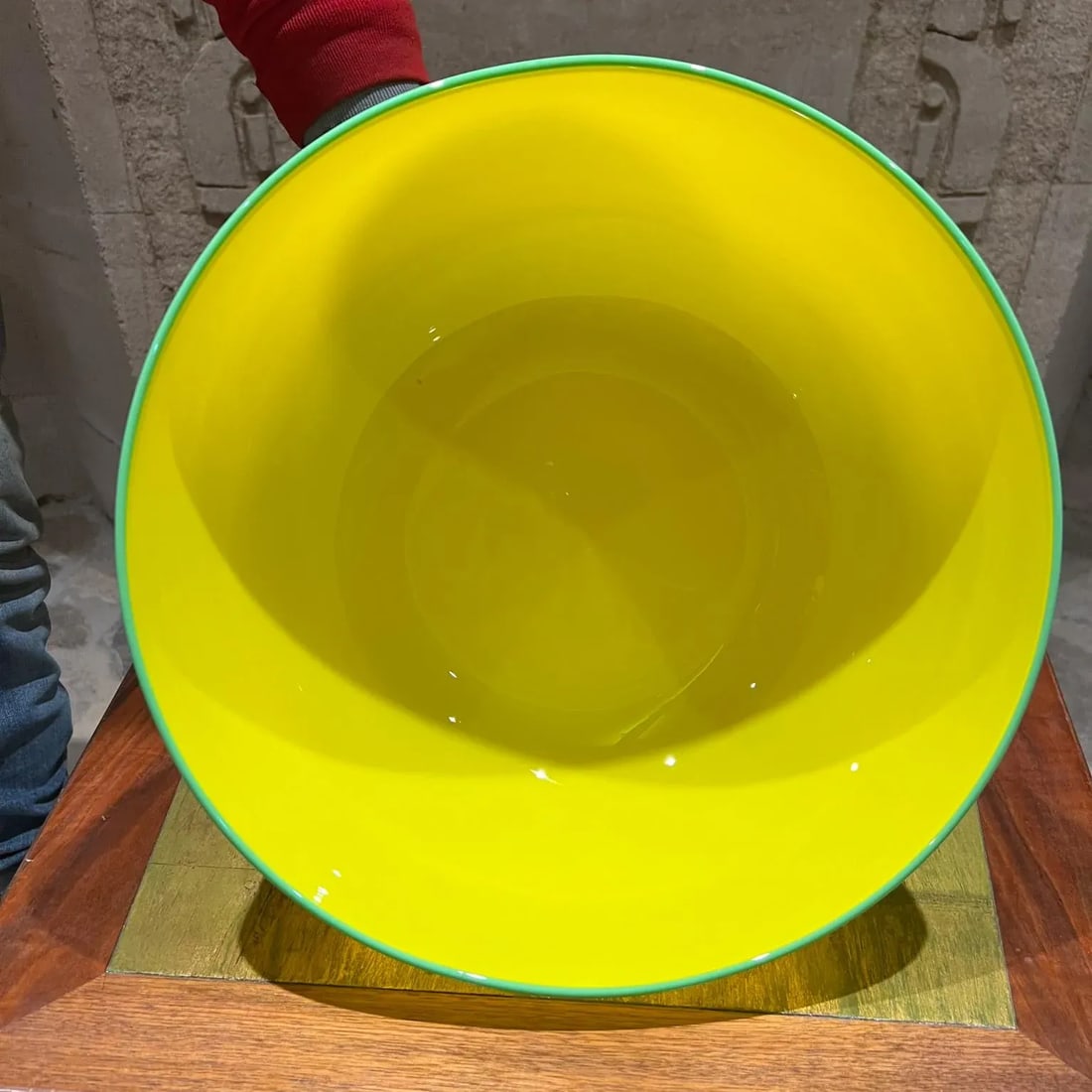 Czech Art Tango Glass Pedestal Bowl Yellow & Green - 8