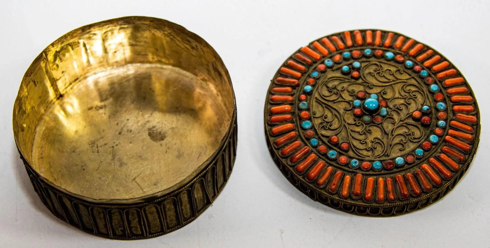 Antique Asian Tibetan Brass Filigree With Turquoise and Red Beads Ceremonial Box - 11
