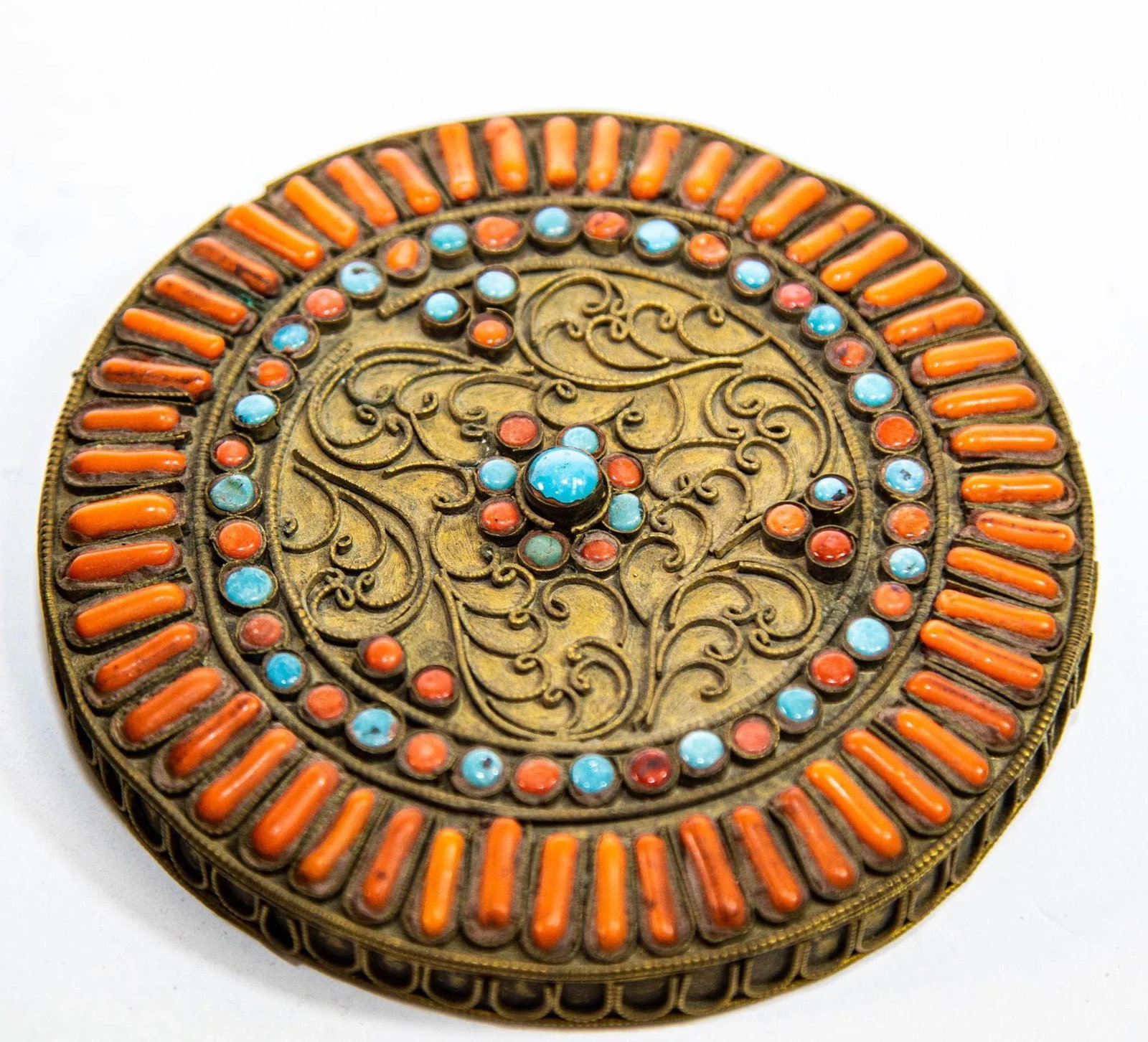 Antique Asian Tibetan Brass Filigree With Turquoise and Red Beads Ceremonial Box - 12