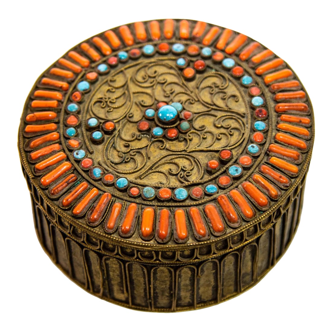 Antique Asian Tibetan Brass Filigree With Turquoise and Red Beads Ceremonial Box (1 of 12)
