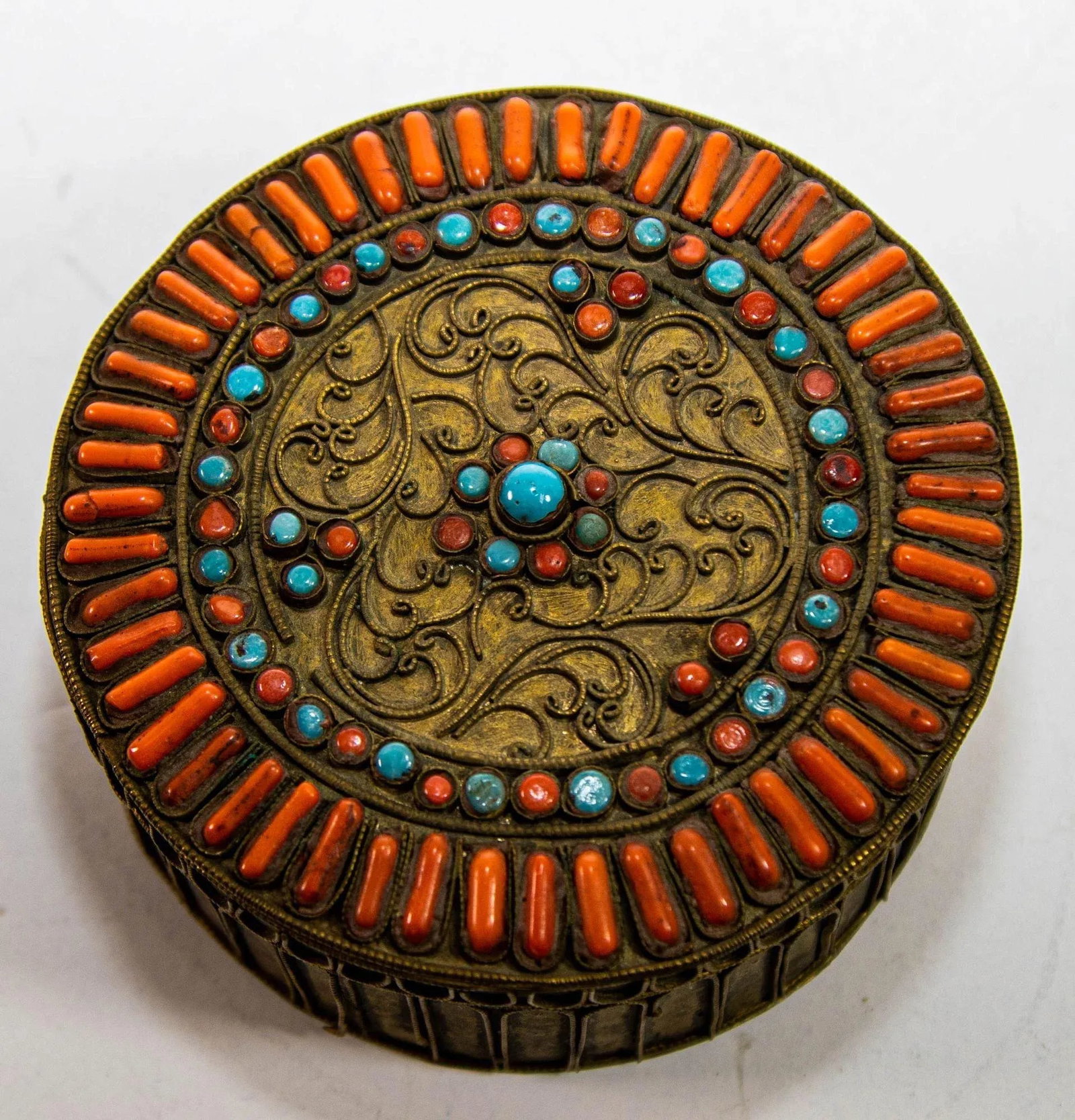 Antique Asian Tibetan Brass Filigree With Turquoise and Red Beads Ceremonial Box - 2