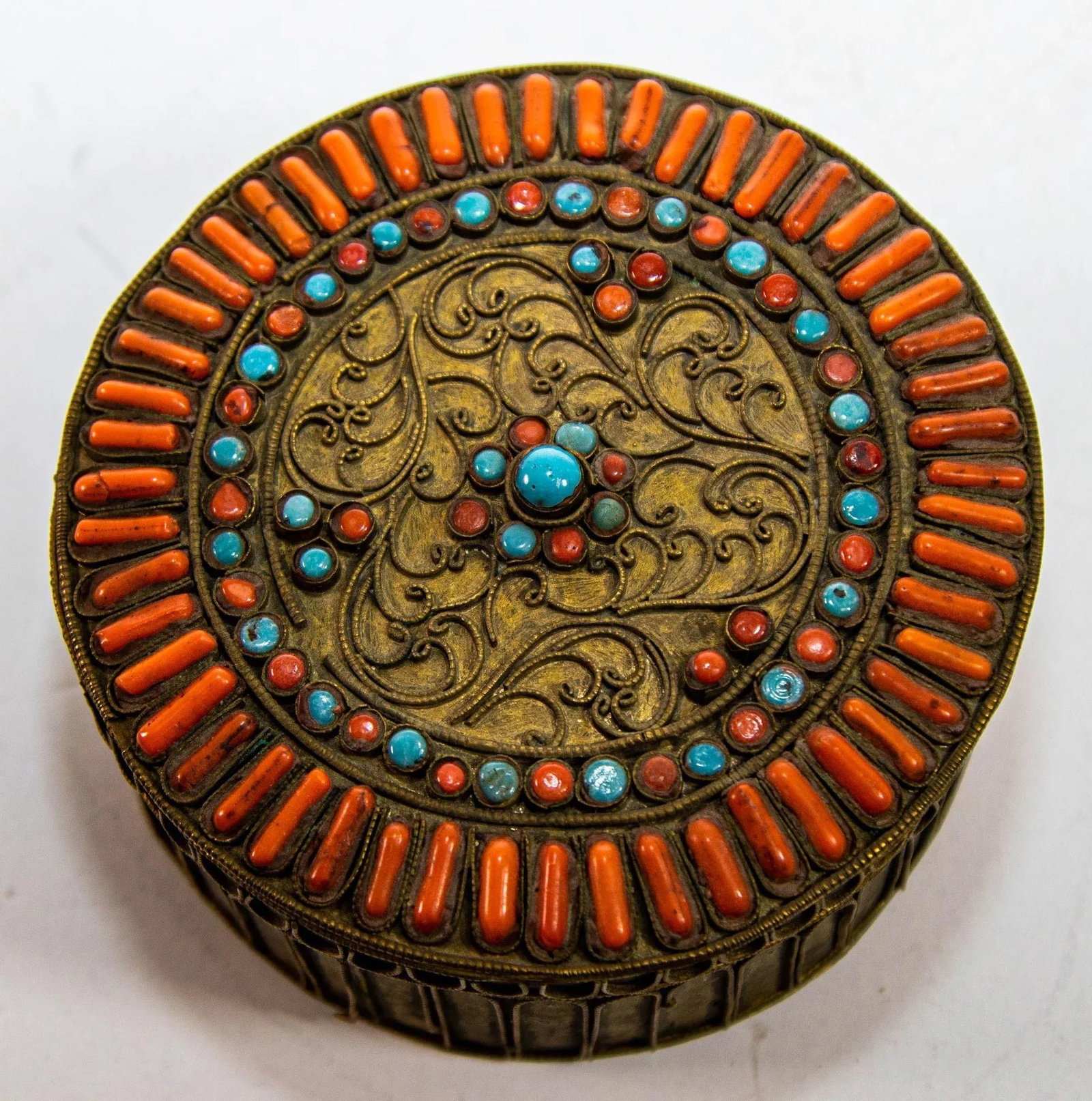 Antique Asian Tibetan Brass Filigree With Turquoise and Red Beads Ceremonial Box - 3