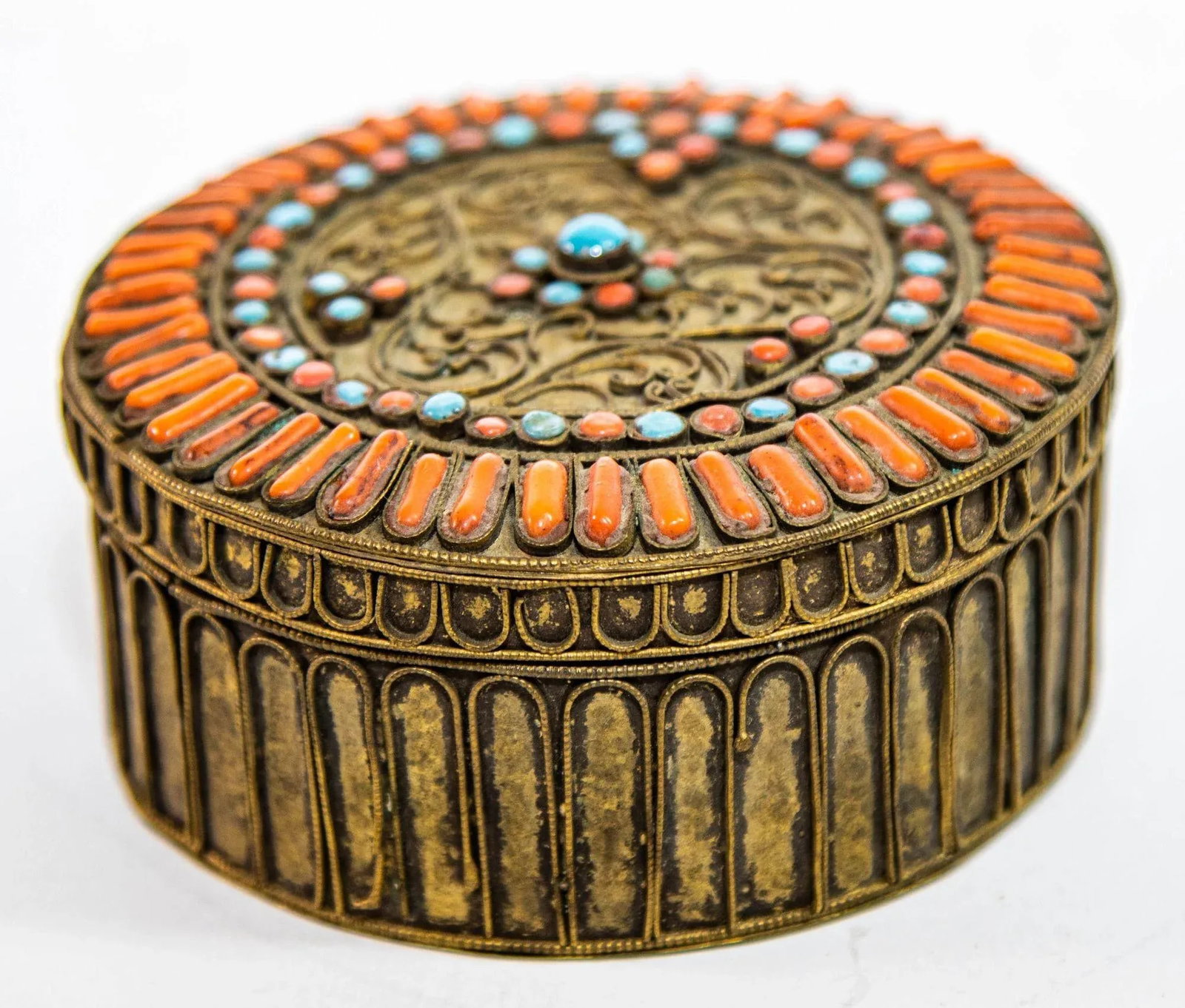 Antique Asian Tibetan Brass Filigree With Turquoise and Red Beads Ceremonial Box - 4