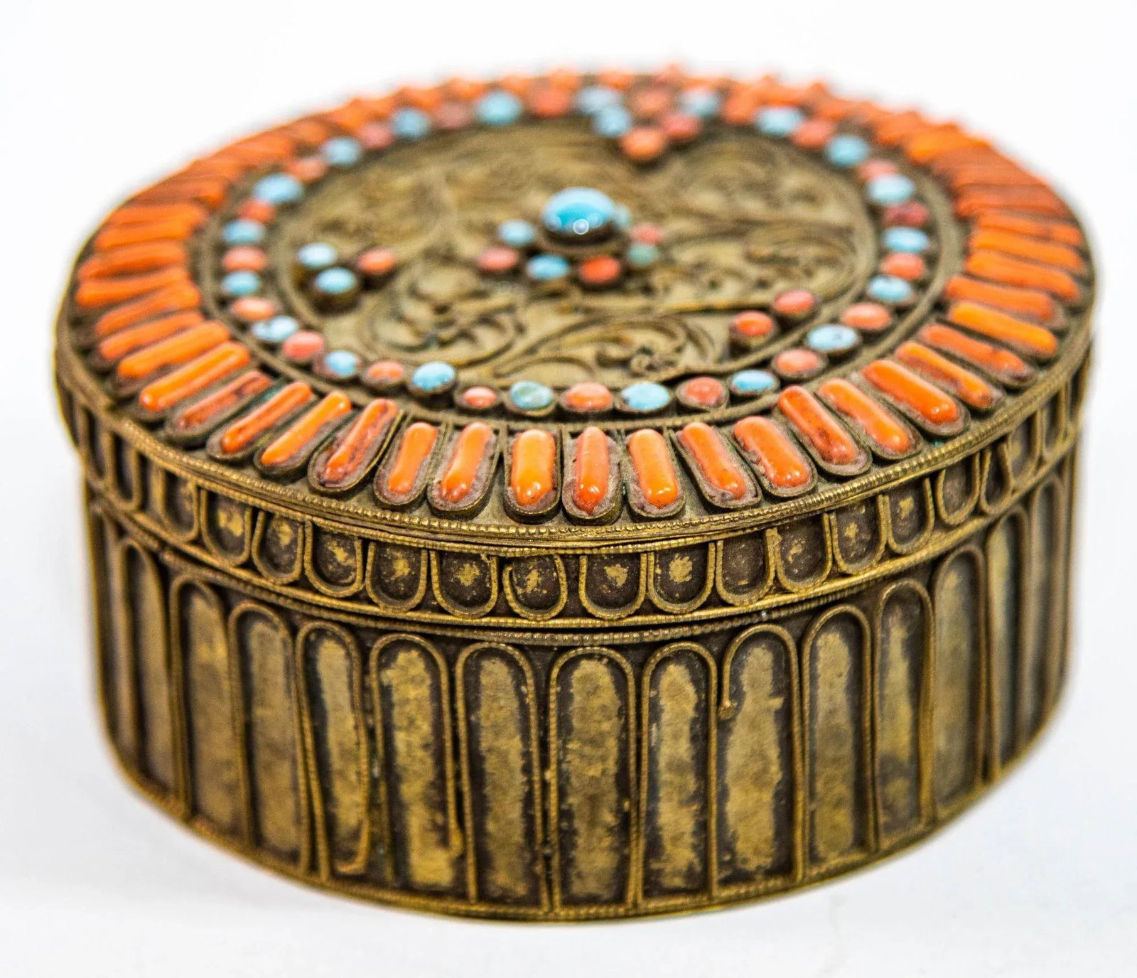 Antique Asian Tibetan Brass Filigree With Turquoise and Red Beads Ceremonial Box - 5