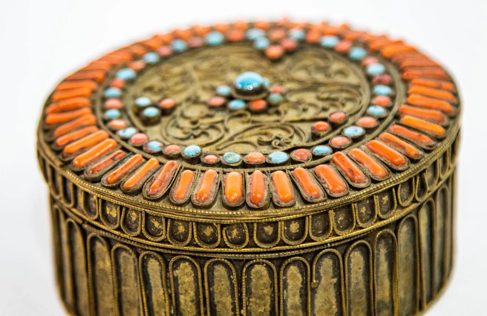 Antique Asian Tibetan Brass Filigree With Turquoise and Red Beads Ceremonial Box - 6