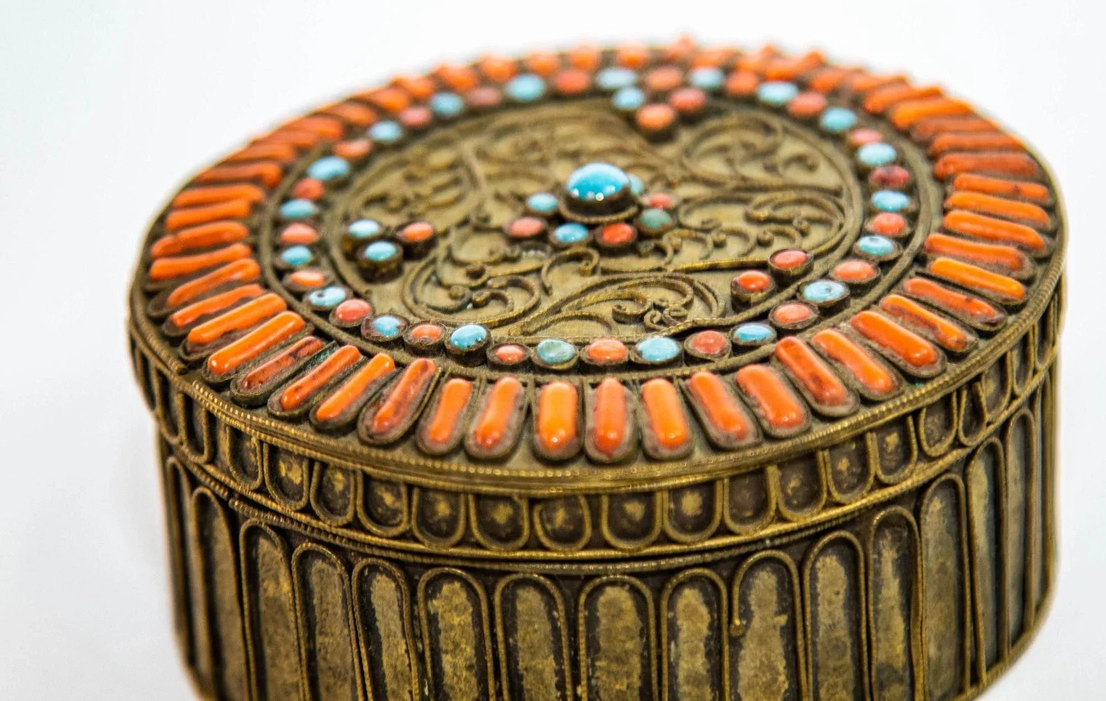 Antique Asian Tibetan Brass Filigree With Turquoise and Red Beads Ceremonial Box - 7