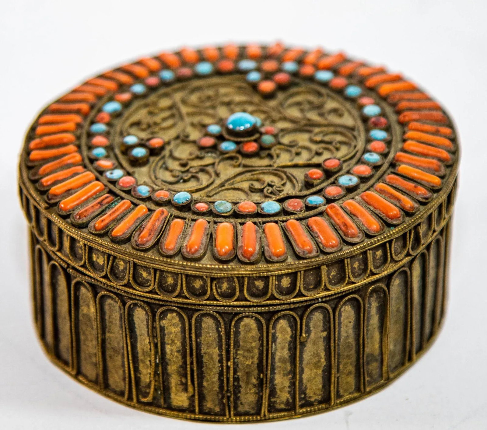 Antique Asian Tibetan Brass Filigree With Turquoise and Red Beads Ceremonial Box - 8