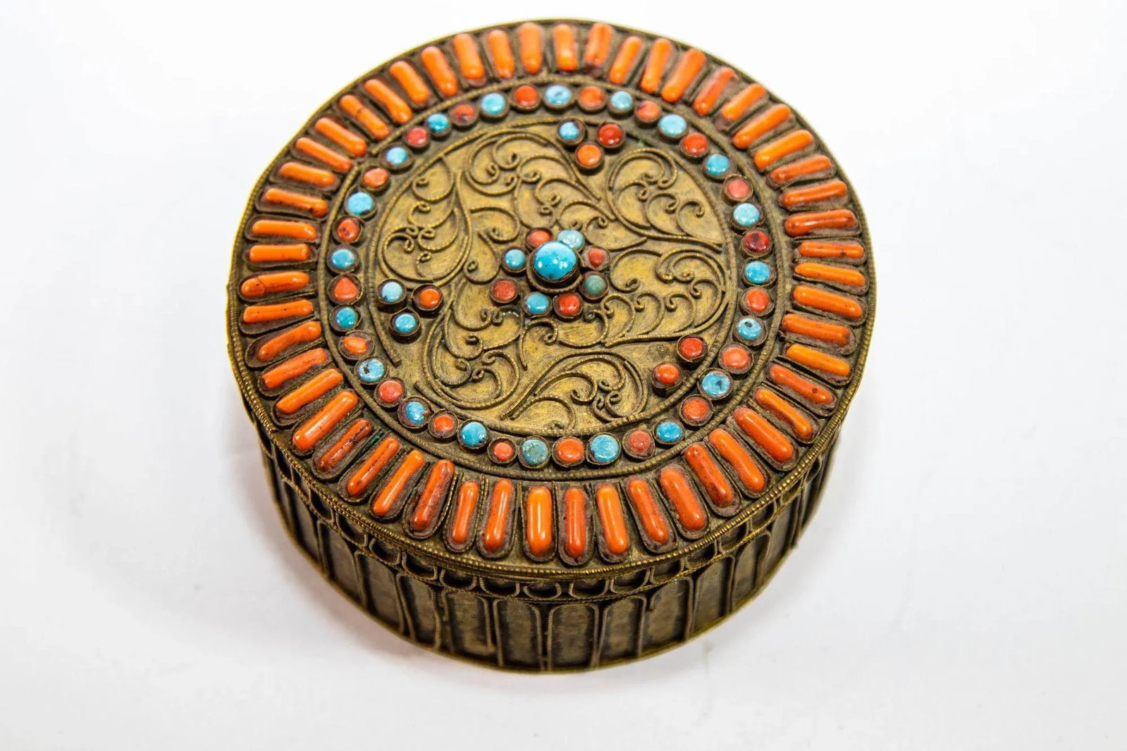 Antique Asian Tibetan Brass Filigree With Turquoise and Red Beads Ceremonial Box - 9