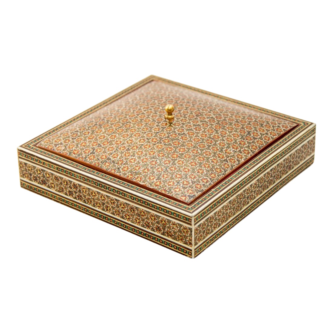 1950s Anglo Indian Style Micro Mosaic Inlaid Jewelry Box: 1950's Anglo Indian, Indo Persian style micro mosaic inlaid jewelry box with lid. Large vintage intricate inlaid middle Eastern Persian style box with floral and geometric Islamic Moorish design in a 