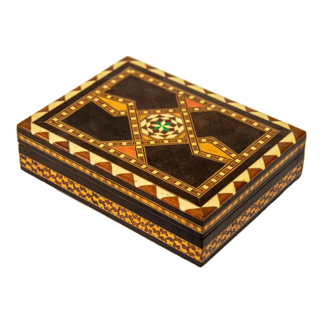 Moorish Spain Inlaid Marquetry Mosaic Box 1950's: Mid 20th Century Moorish Spain Inlaid Marquetry Mosaic Box. Handcrafted great geometric one of a kind Moorish design. Middle Eastern Syrian style, Moorish Spain Granada inlaid micro mosaic marquetry. 
