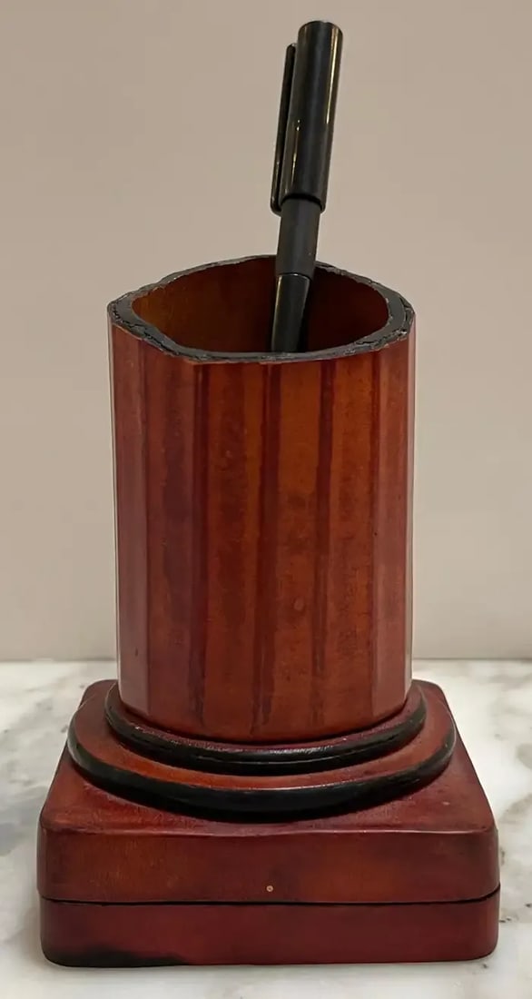 1960s Italian Grand Tour Style Leather & Burlwood Column Motif Pen Stand/Box - 8