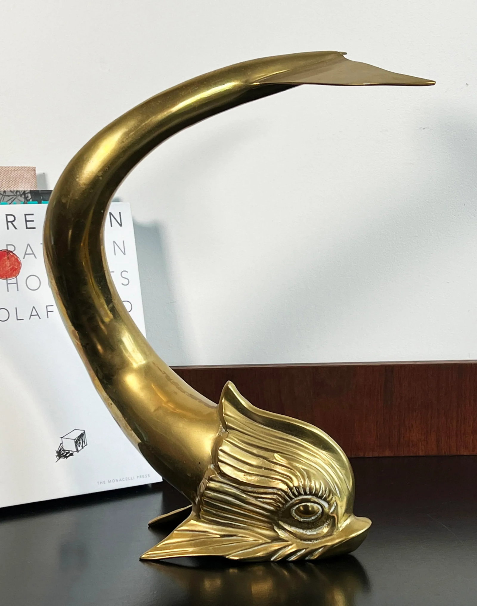 Vintage 16" Tall Brass Asian Dolphin Figural Table Decor - 3