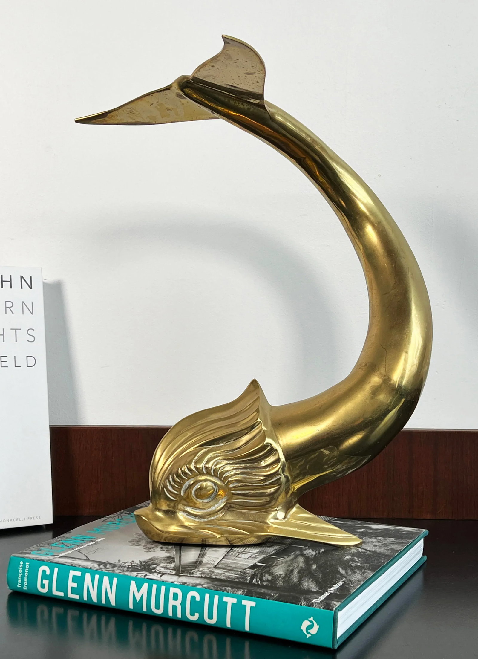 Vintage 16" Tall Brass Asian Dolphin Figural Table Decor - 4