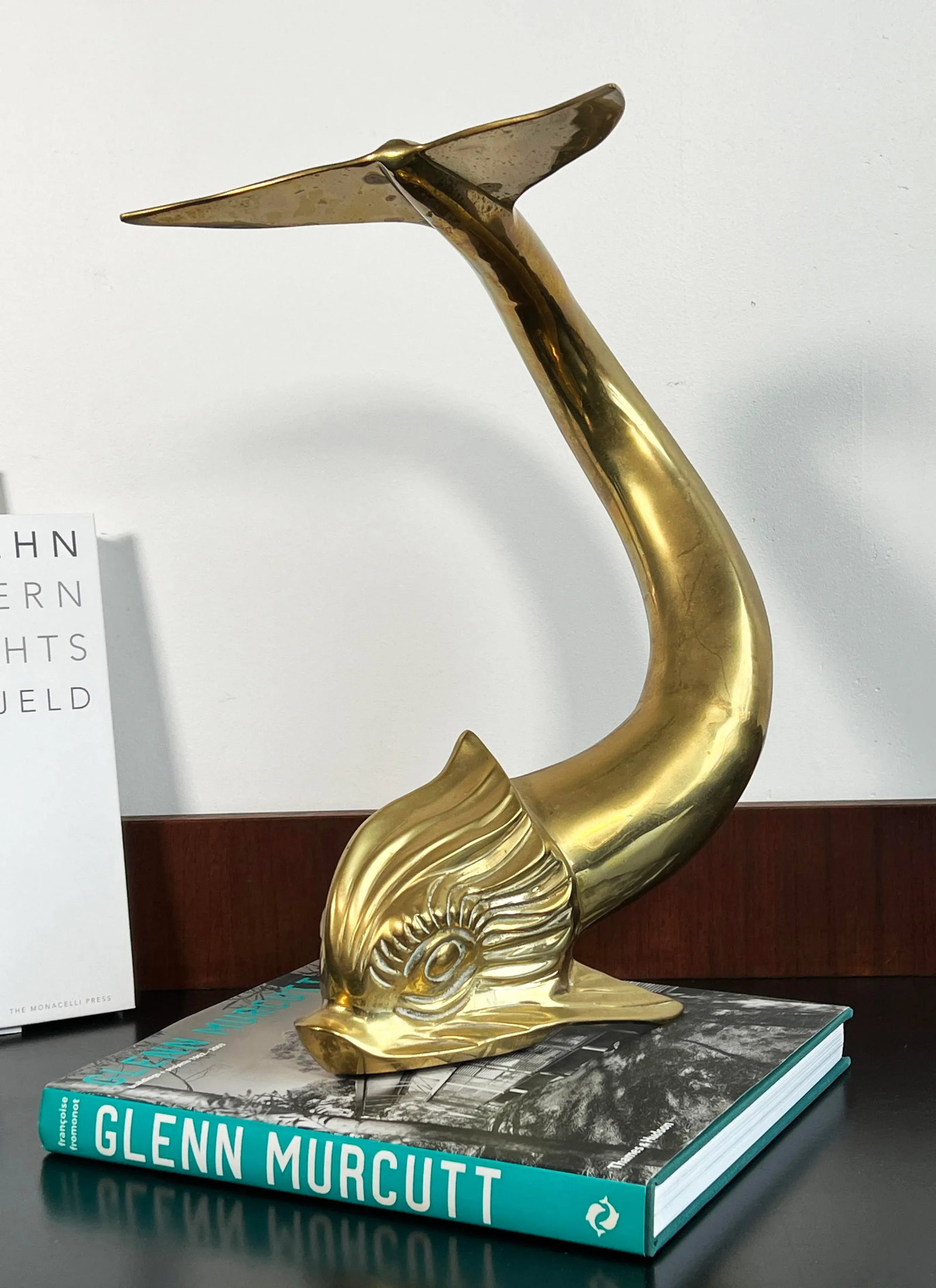 Vintage 16" Tall Brass Asian Dolphin Figural Table Decor - 8