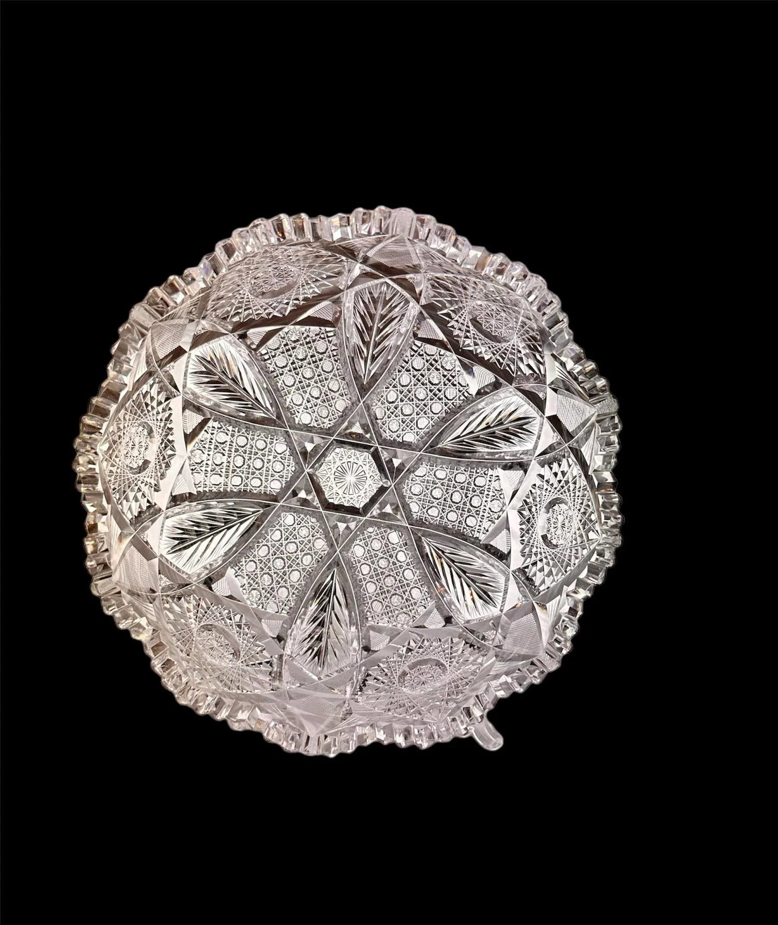 Antique Crystal Glass Serving Bowl American Brilliant Period Shotton Glass Montrose Pattern - 5