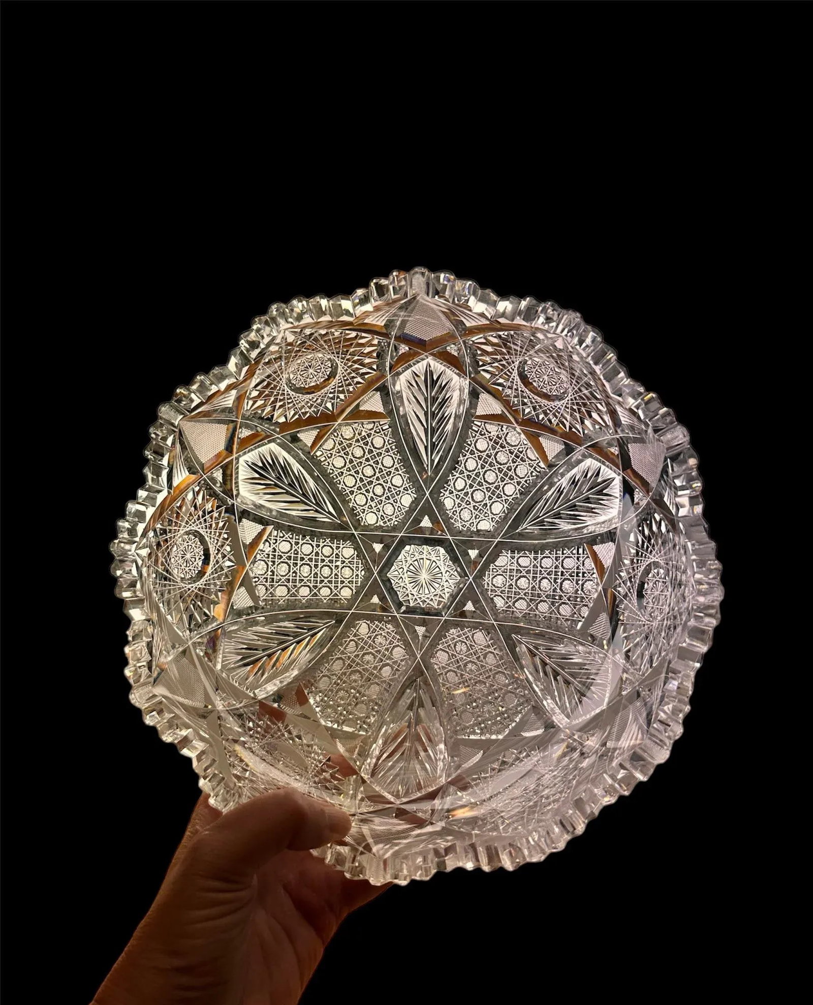 Antique Crystal Glass Serving Bowl American Brilliant Period Shotton Glass Montrose Pattern - 6