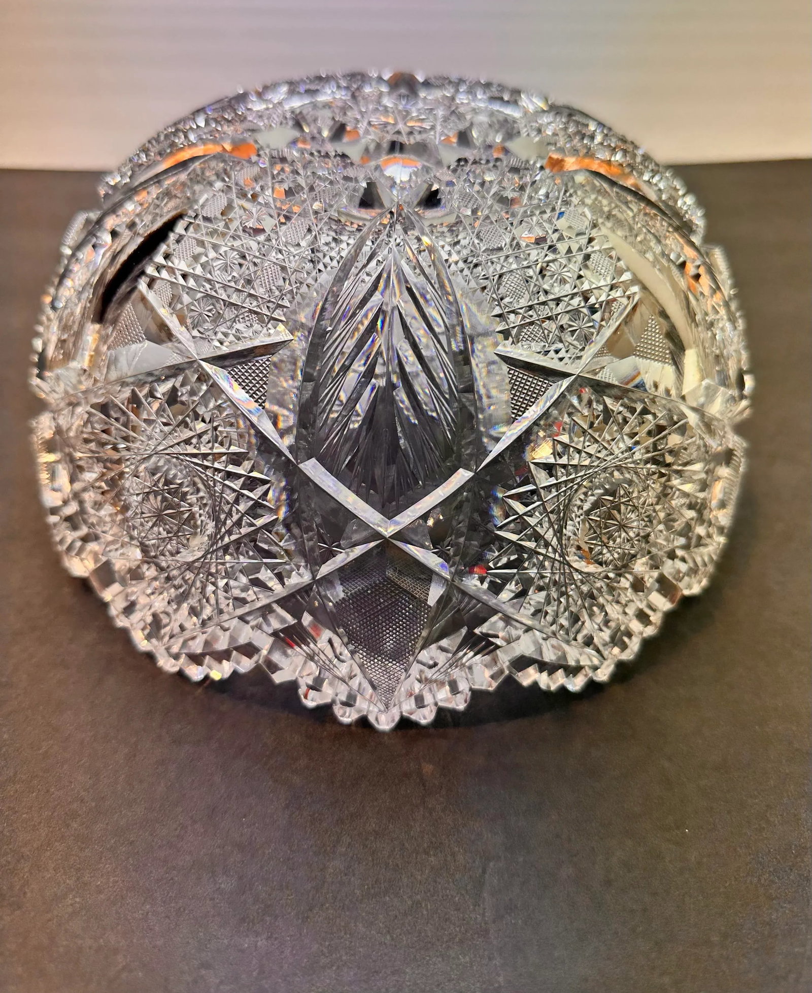 Antique Crystal Glass Serving Bowl American Brilliant Period Shotton Glass Montrose Pattern - 9