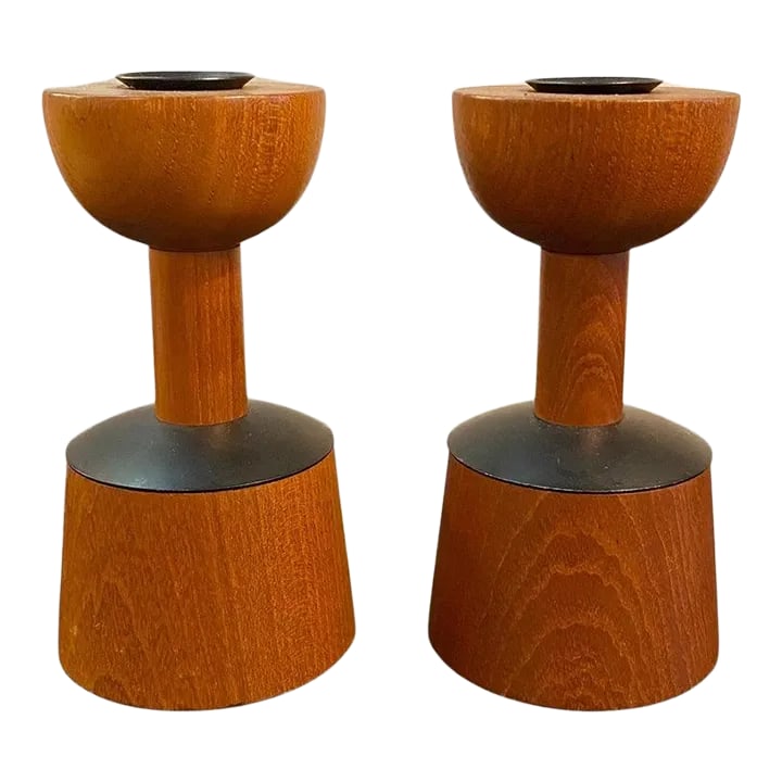 1960s Scandinavian Modern Rosewood Candleholders by Laurids Lonborg - Set of 2: Pair of chic, Scandinavian modern, rosewood candleholders by Laurids Lonborg feature lovely tapered silhouettes with blackened metal accents. Condition: Alterations: Restored Imperfections: Some Imper