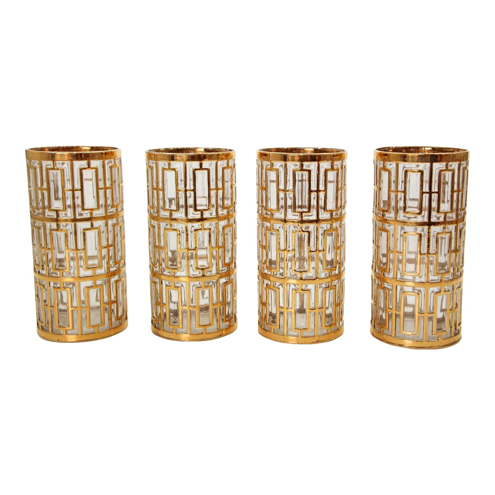 1960s Imperial Shoji Gold Cocktail Glasses, Set of 4 Collectible Barware: Vintage Imperial Glass Gold Shoji Long Glasses Set Regency Hollywood, 1960s. Rare collectible Imperial Shoji gold drinking glasses bar set in in the series "Golden Shoji" set consisting of 4 highball 