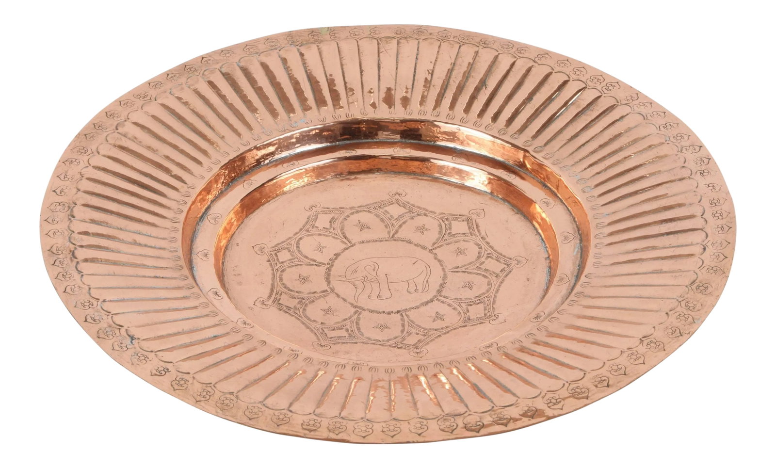 Hanging Round Copper Tray: Polished round copper tray, hand-hammered with geometric design in the middle, and an elephant in the center, the elephant in the Asian culture means protection and long life. Condition: Alterations: