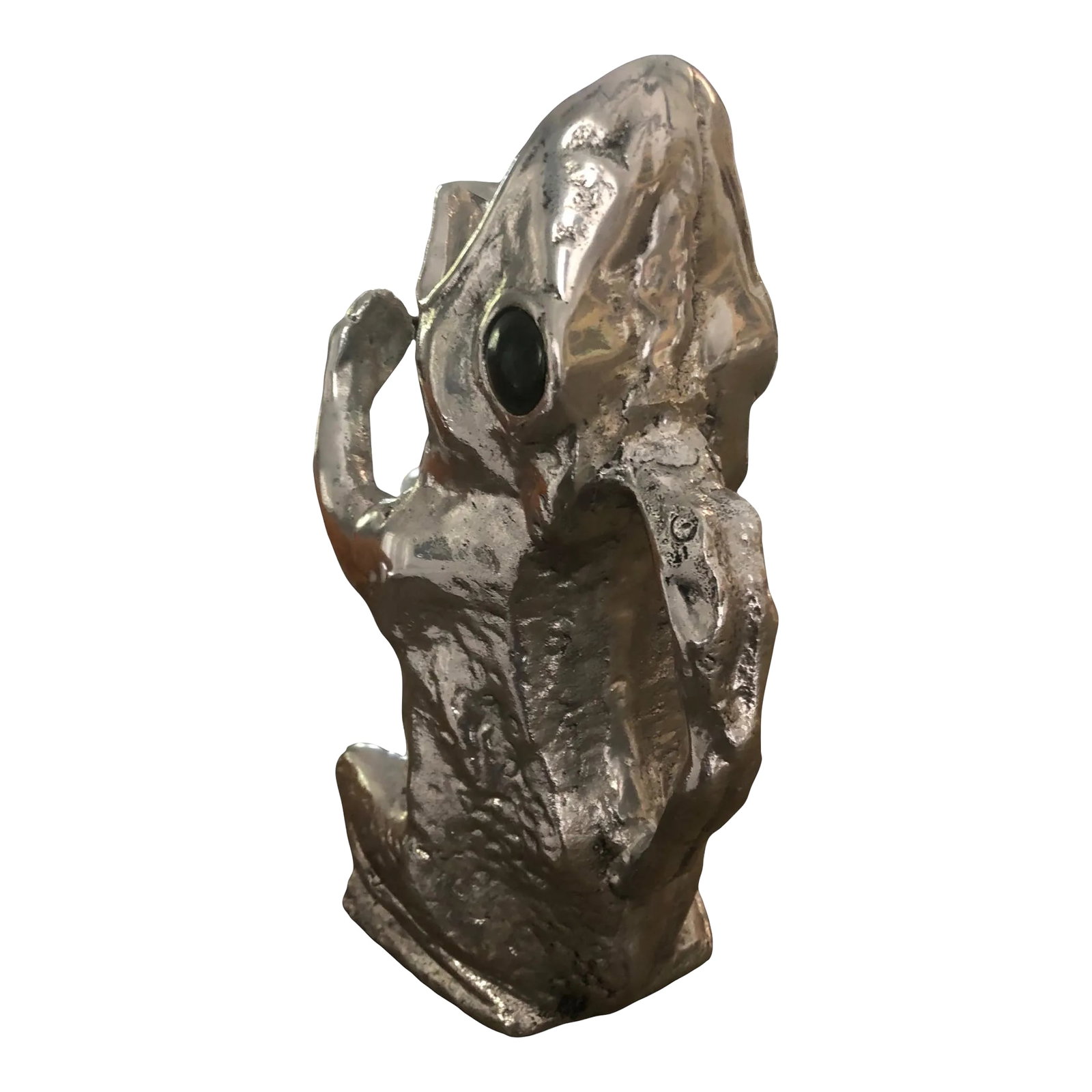 1970's Arthur Court Aluminum Jade Eyes Frog Pitcher: A Beautiful Cast Aluminum Frog Pitcher Makers Mark by Aurthur Court with jade colored eyes. Condition: Alterations: Original Condition Unaltered Imperfections: Some Imperfections Condition Notes: