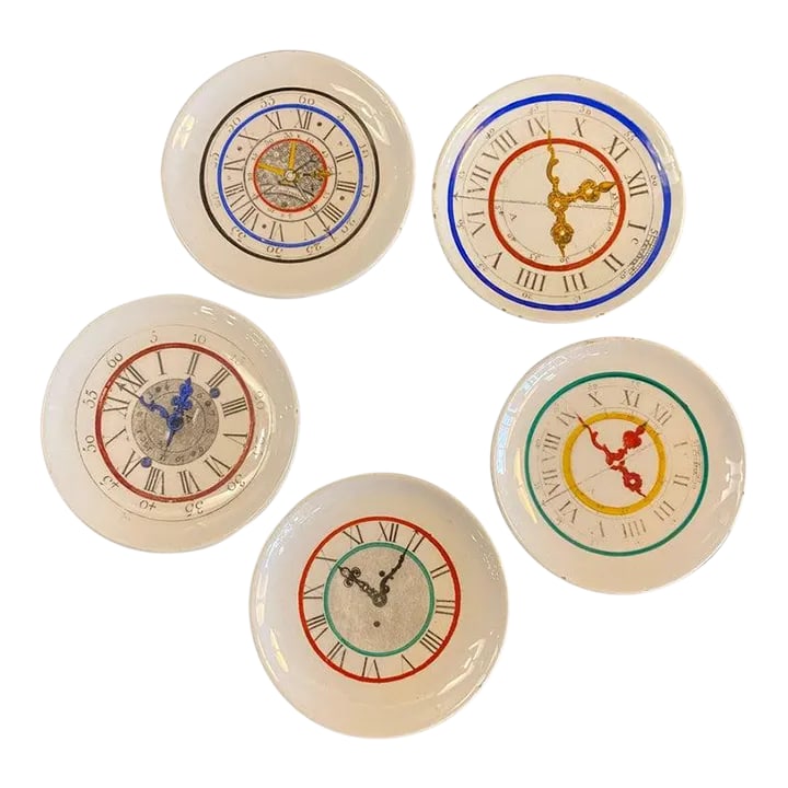 Italian Mid-Century Modern Petite Clock Plates- Set of 5: Set of five, Italian, mid-century modern, petite, decorative, porcelain plates with clock motif in the style of Fornasetti. This playful set can be used to serve small bites or for display. They are