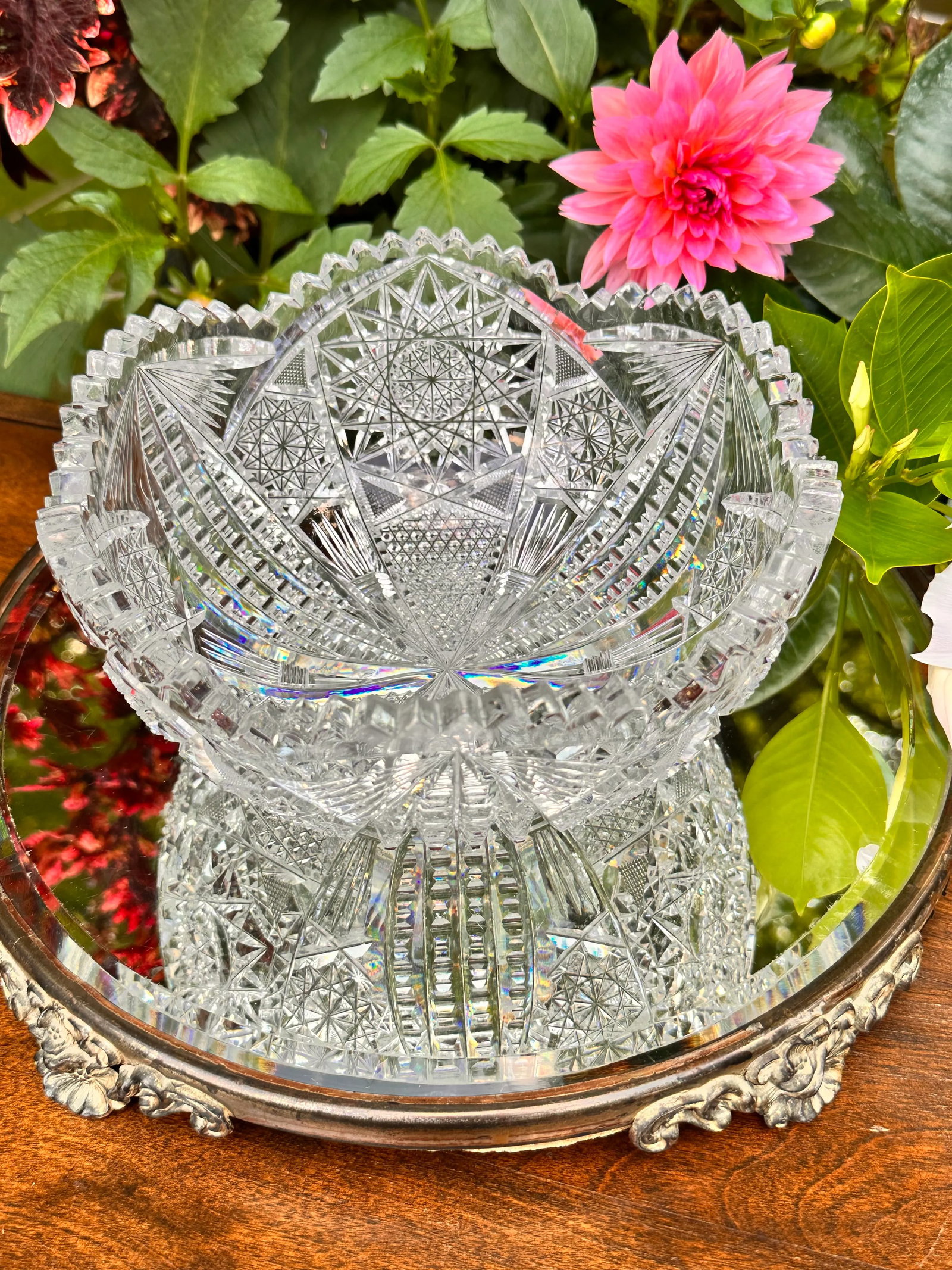 Antique Crystal Glass Serving Bowl American Brilliant Period Bergan Glass Early 20th Century - 5