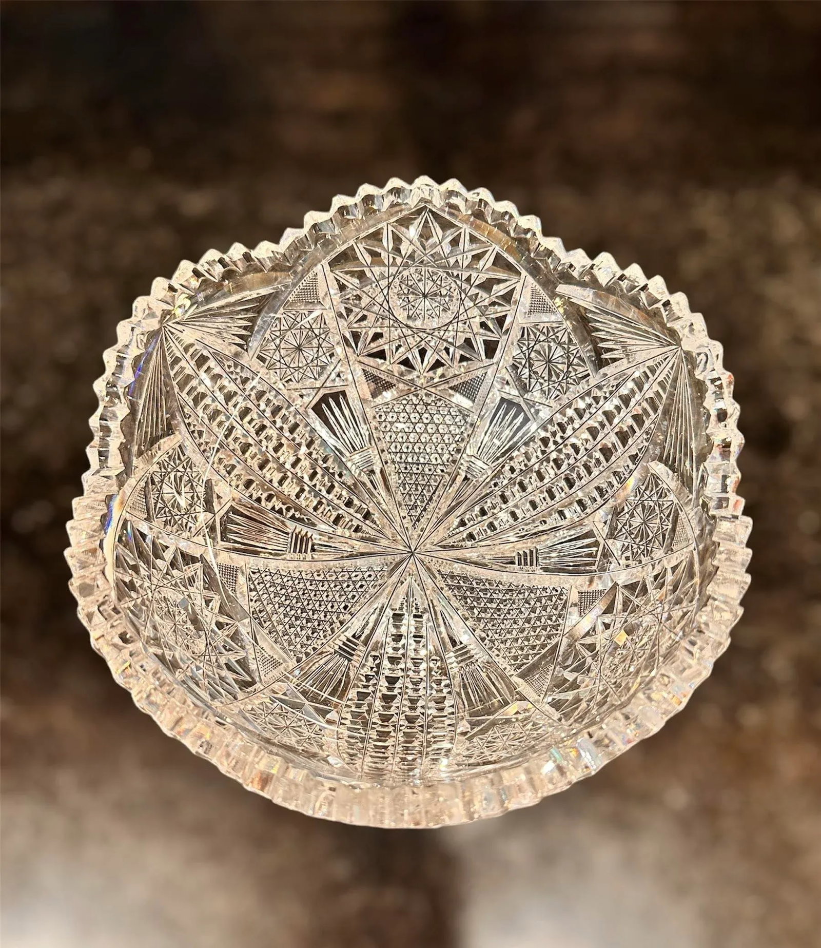 Antique Crystal Glass Serving Bowl American Brilliant Period Bergan Glass Early 20th Century - 9