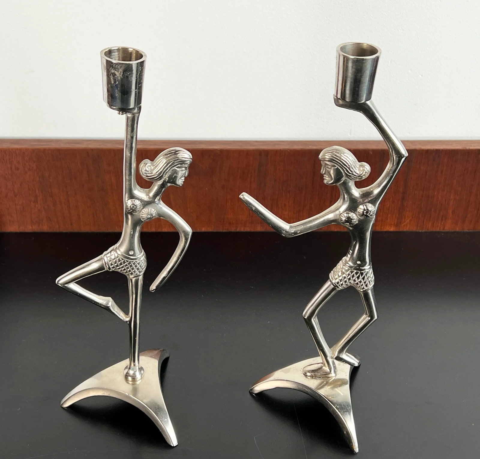Mid Century Modern Hawaiian Tiki Girl Figural Aluminum Candlesticks - a Pair - 6