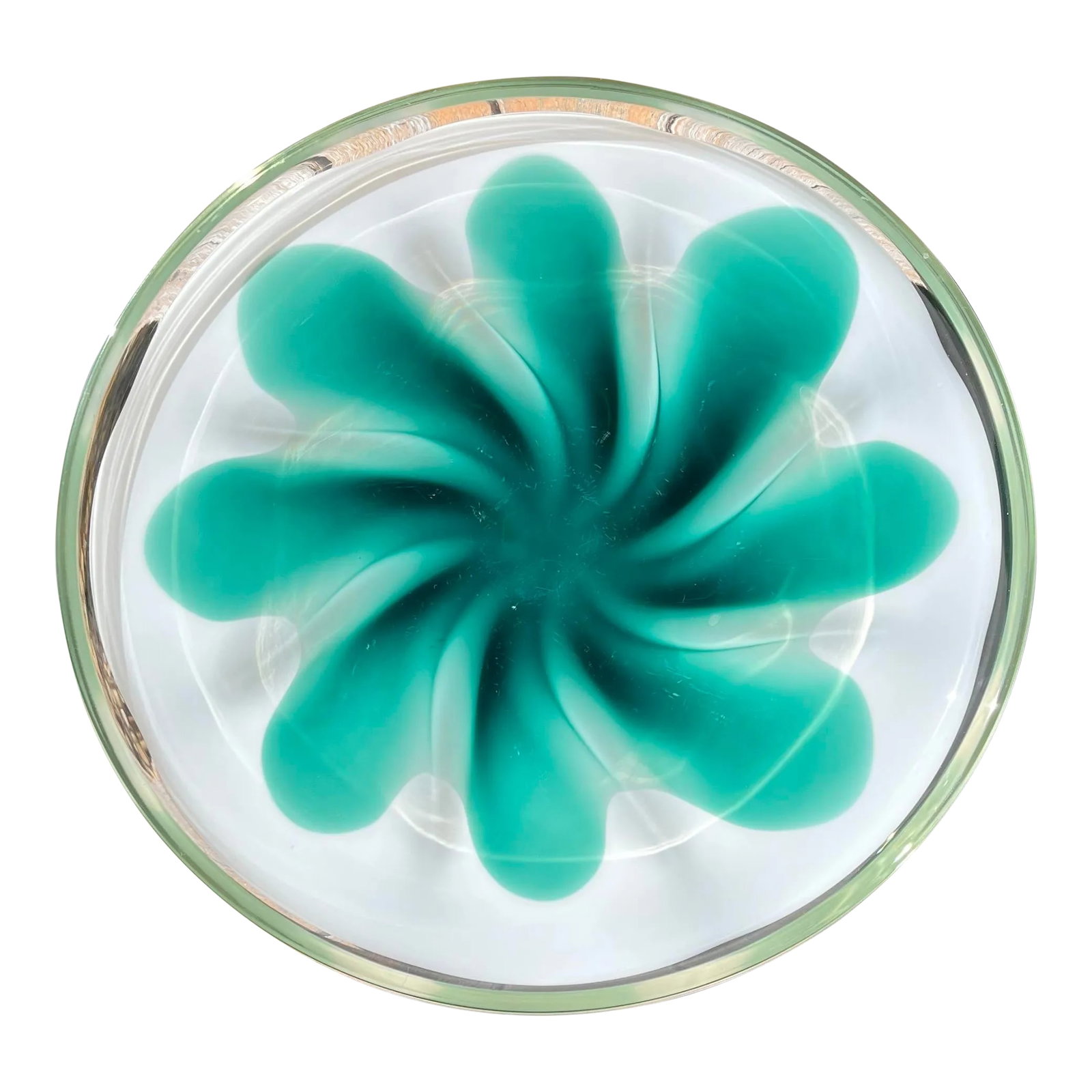 1955 Paul Kedelv for Flygsfors Coquille Milky White and Green Glass Plate: Mid Century hand-blown art glass centerpiece/plate by Paul Kedelv from the "Coquille" collection for Flygsfors (Sweden, 1955). Clear, milky and green glass. Signed on underside of plate. Condition: