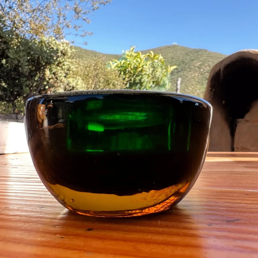 1960s Murano Sommerso Art Glass Votive Candle Holder Green and Amber - 3