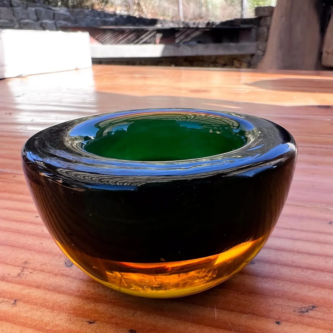 1960s Murano Sommerso Art Glass Votive Candle Holder Green and Amber - 4